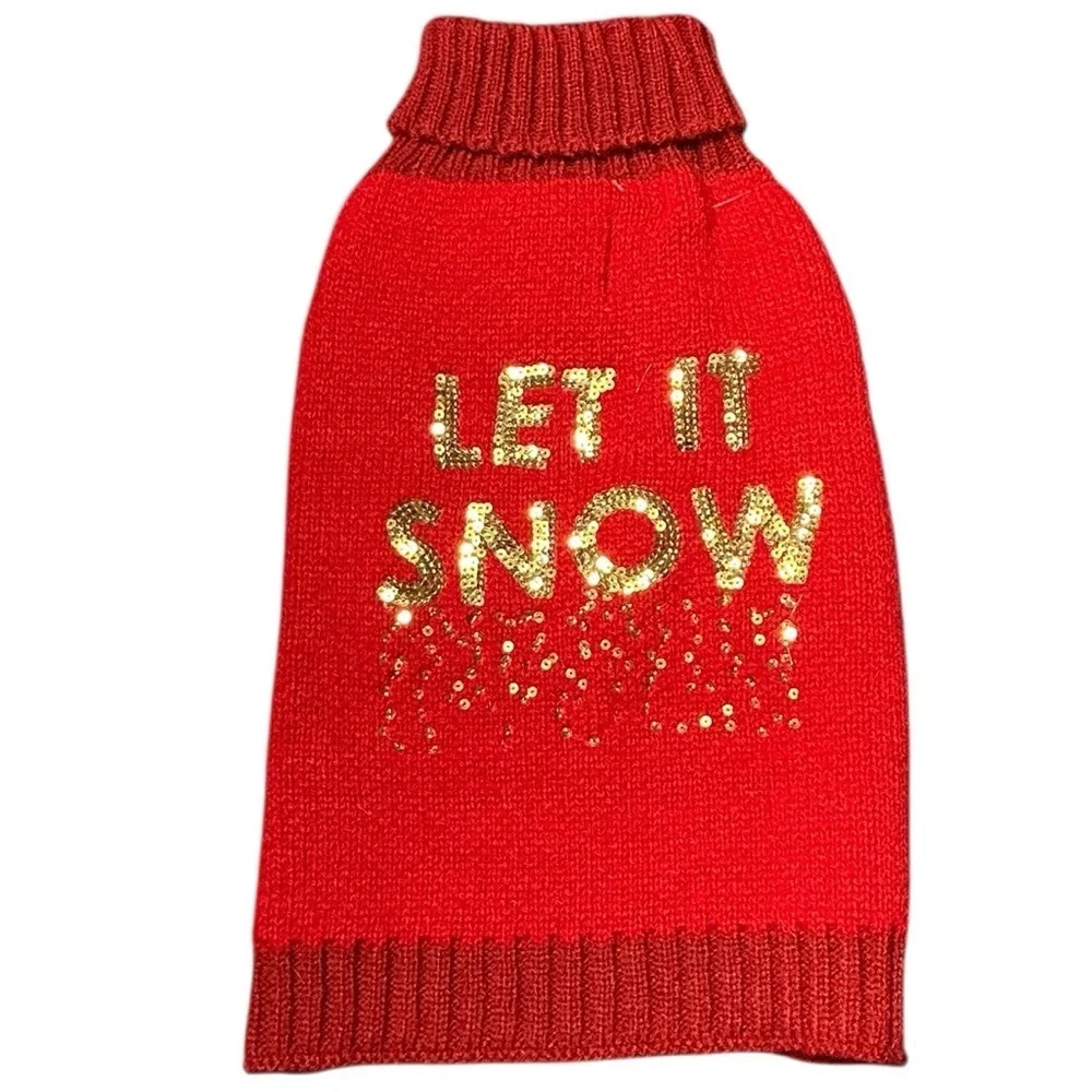 Christmas LET IT SNOW Red Gold Glitter Knit Sweater